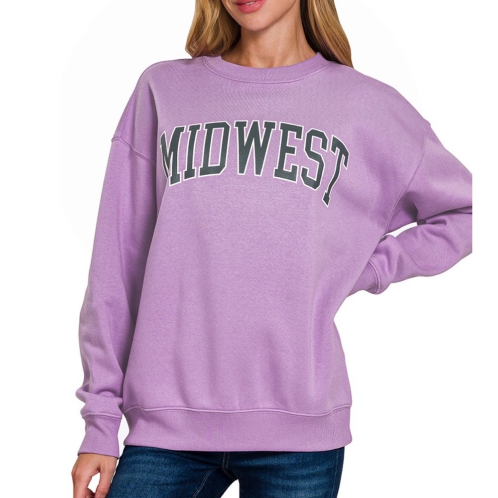 ZENANA Lavender”Midwest" Printed Fleece Round Neck Sweatshirts Size S-M-L NWT